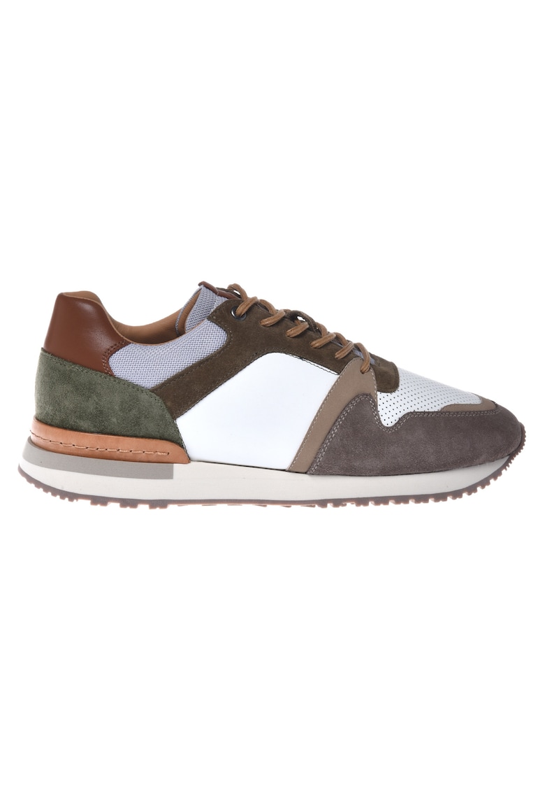 Pantofi sport de piele si piele intoarsa cu design colorblock - Alb/Maro
