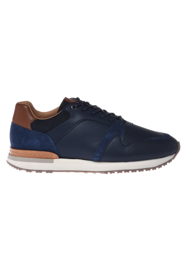 Pantofi sport de piele si piele intoarsa cu perforatii - Albastru inchis