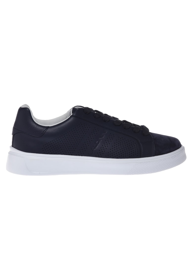 Pantofi sport de piele si piele intoarsa cu perforatii - Bleumarin