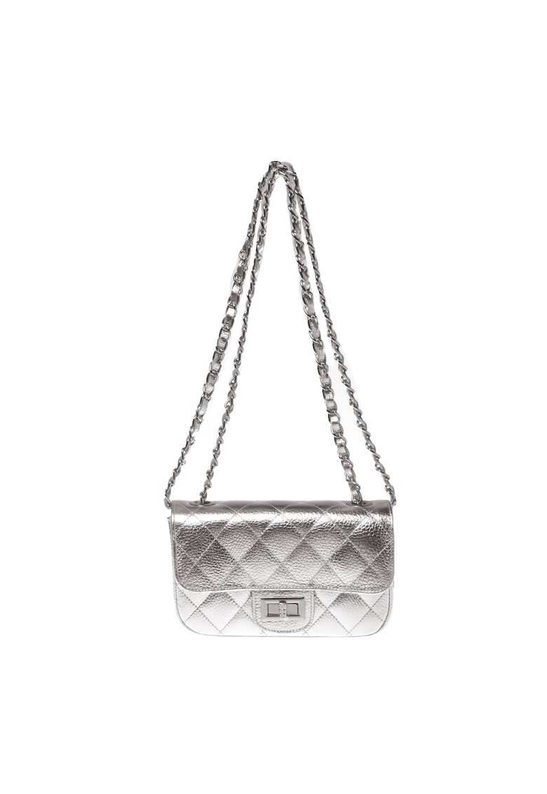 Geanta crossbody metalica din piele matlasata - Argintiu