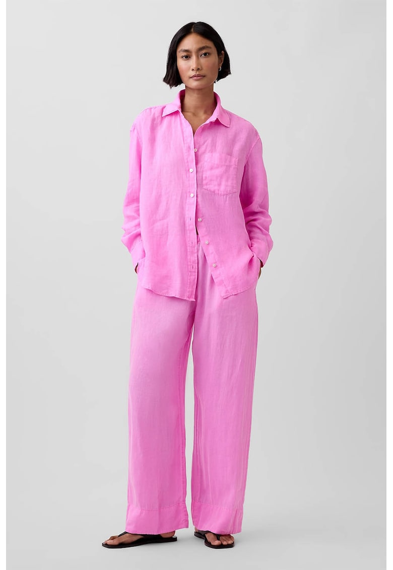 Pantaloni din in cu croiala ampla si talie elastica - Roz aprins