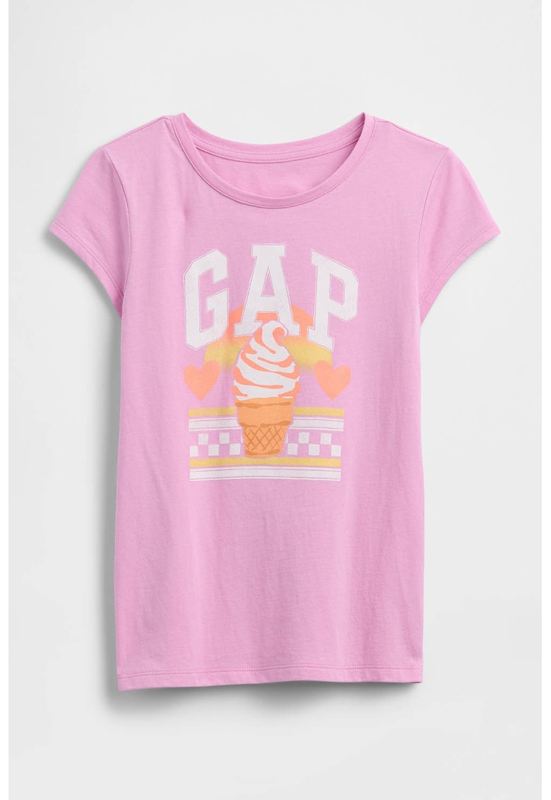 Tricou cu decolteu la baza gatului si imprimeu grafic - Roz pastel/Portocaliu mandarina/Alb murdar