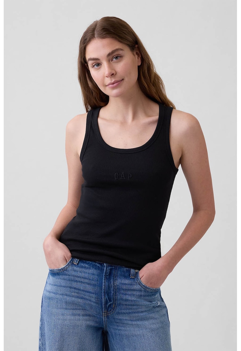 Top striat cu decolteu drapat - Negru