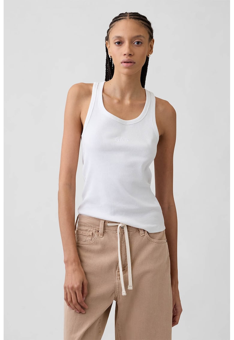 Top striat cu decolteu drapat - Alb optic