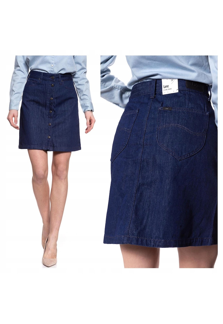 Fusta Dama - A Line Skirt - Tip Trapez - Cu Nasturi - Lungime Mini - Confortabila Si Lejera - Bumbac - UE - Albastru - Albastru