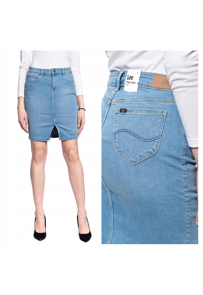 Fusta Dama - Pencil Skirt - Tip Creion - Fermoar - Lungime Mini - Denim Aspect - Confortabila Si Lejera - Bumbac - UE - Albastru - Albastru