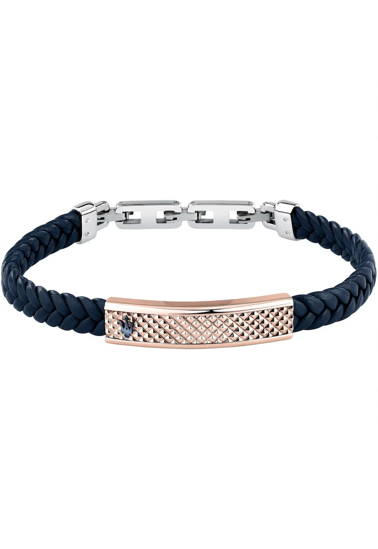 Bratara inox si piele naturala - argintiu si albastru - set