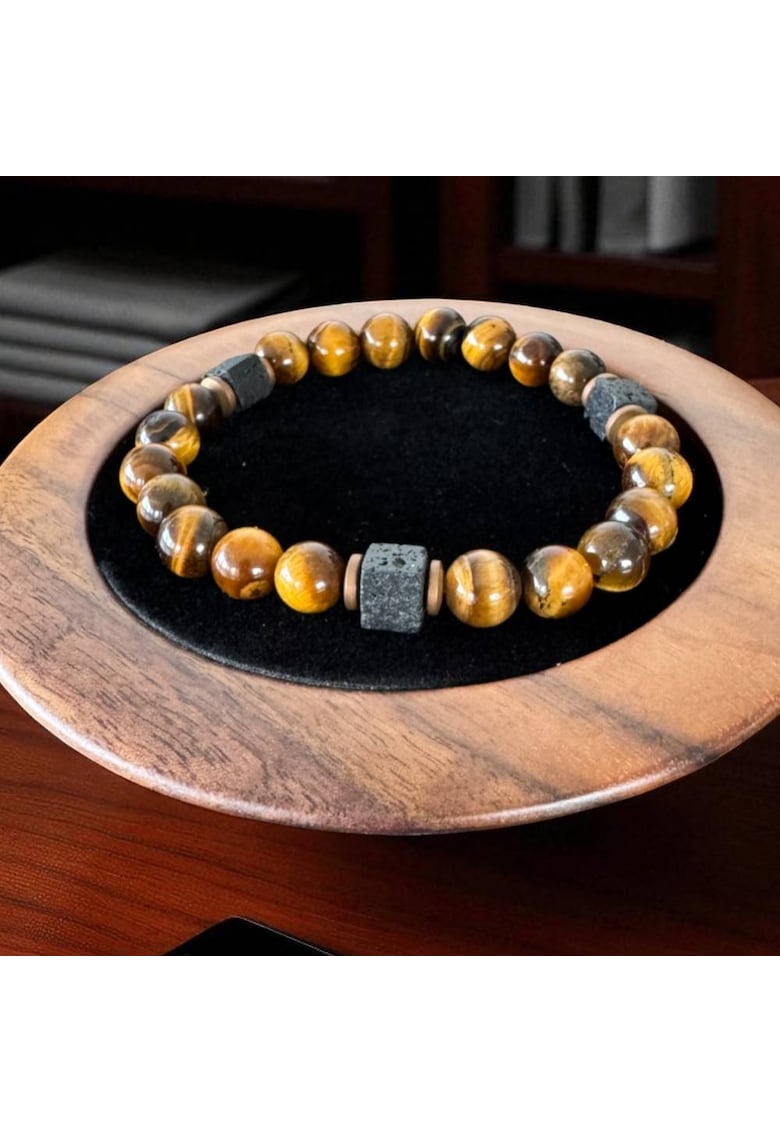 Bratara barbati handmade elastica Silas din Ochi de Tigru si Piatra de Lava