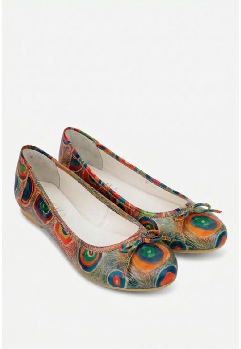 Balerini dama din piele cu imprimeu multicolor si funda