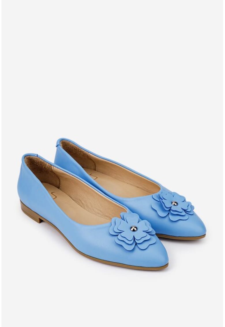 Balerini dama NUR din piele naturala bleu cu floare