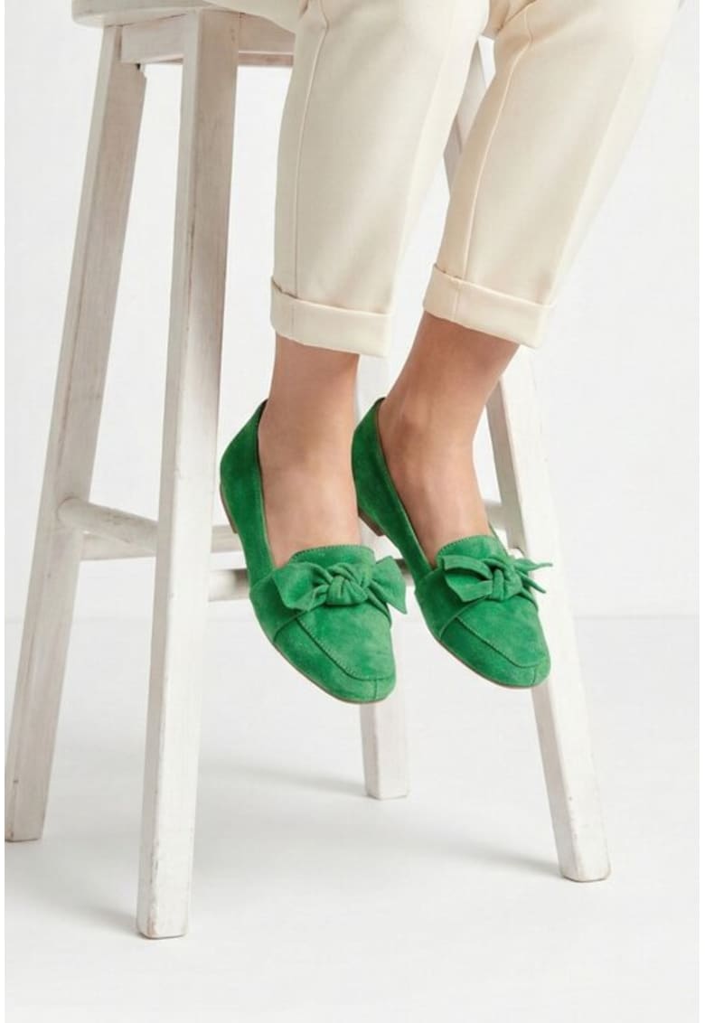 Balerini dama din piele intoarsa verde cu funda