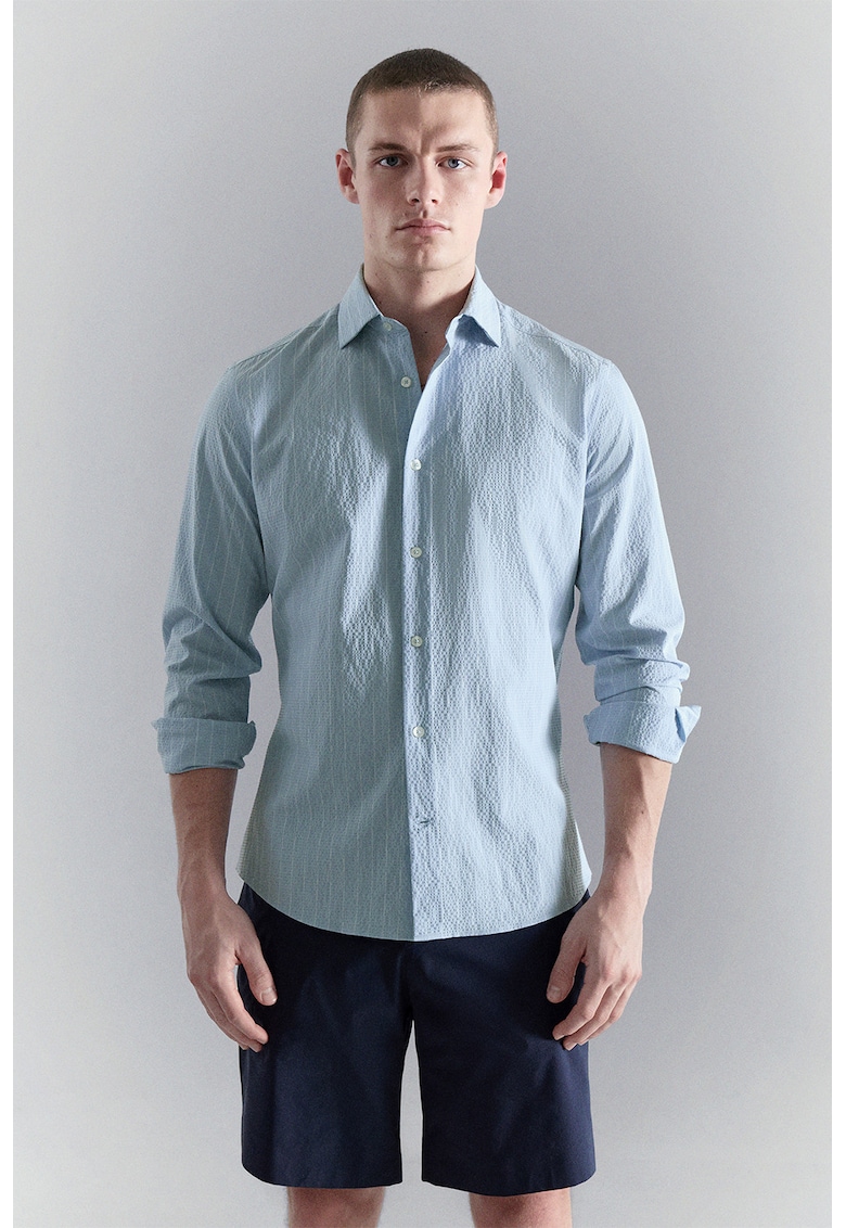 Tricou slim-fit texturat cu dungi - Albastru glaciar