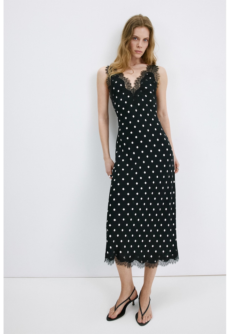 Rochie cu decolteu in V si buline - Alb/Negru