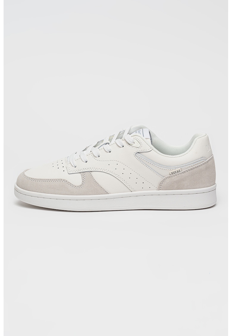 Pantofi sport low-cut din piele si piele intoarsa cu detaliu perforat - Maro taupe deschis/Alb murdar