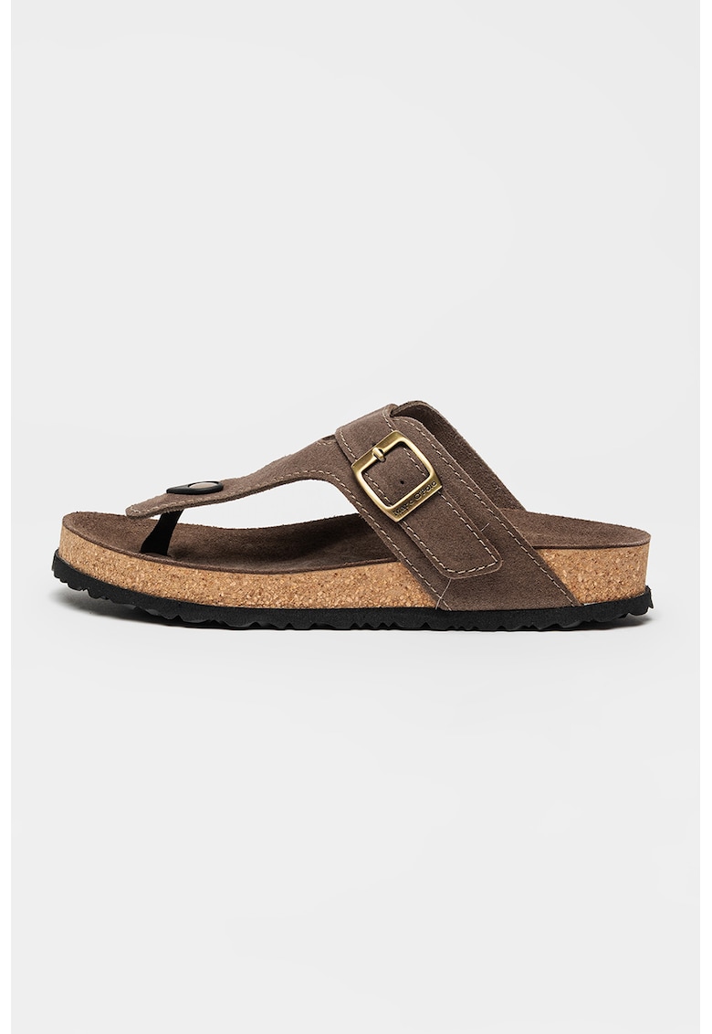 Papuci flip-flop din piele intoarsa cu catarama - Maro taupe