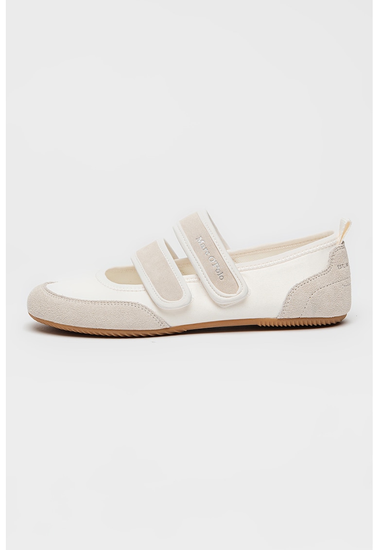 Balerini din piele intoarsa cu velcro si insertii din material textil - Maro taupe deschis/Alb murdar
