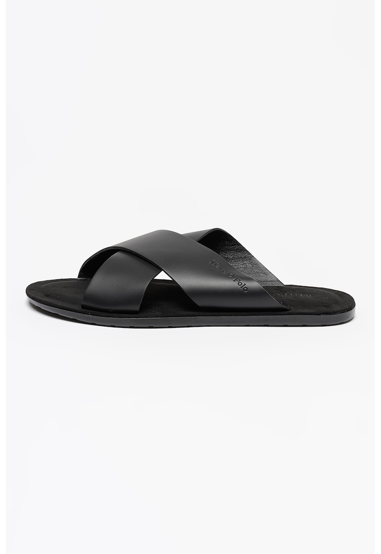 Papuci de piele cu barete incrucisate - Negru