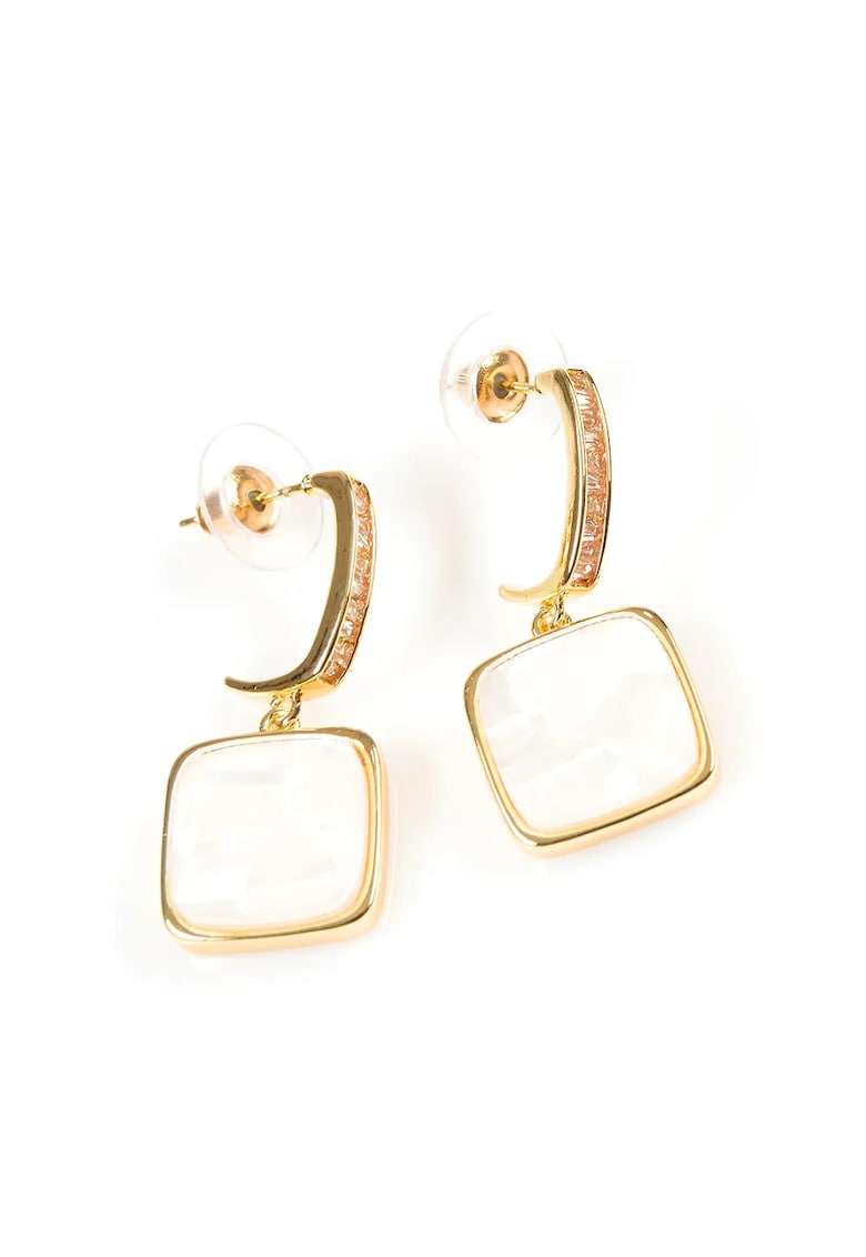 Cercei aurii cu piatra patrata alba