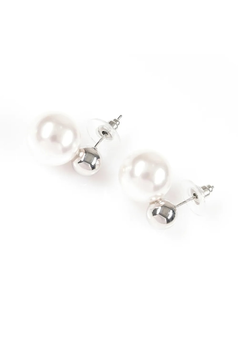 Cercei cu perle duble - alb și argintiu - 1.5x2cm