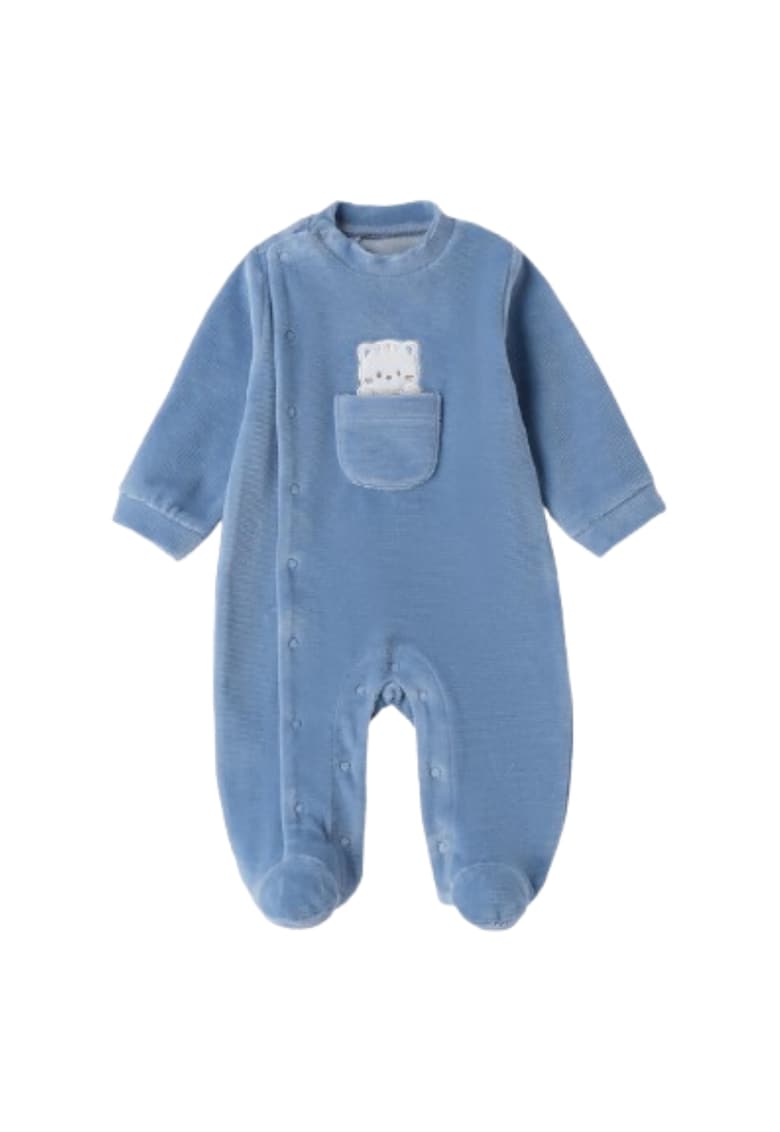 Salopeta bebe iDO din chenille cu efect catifelat - cu buzunar decorativ - Albastru