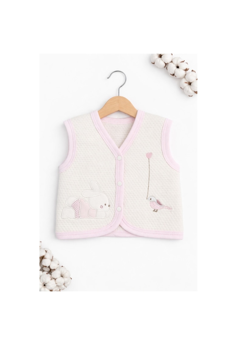 Vesta bebe bumbac crem roz iepuras pasare brodata nou nascut fete
