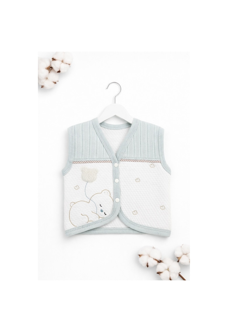 Vesta bebe bumbac alb verde ursulet balon brodat nou nascut