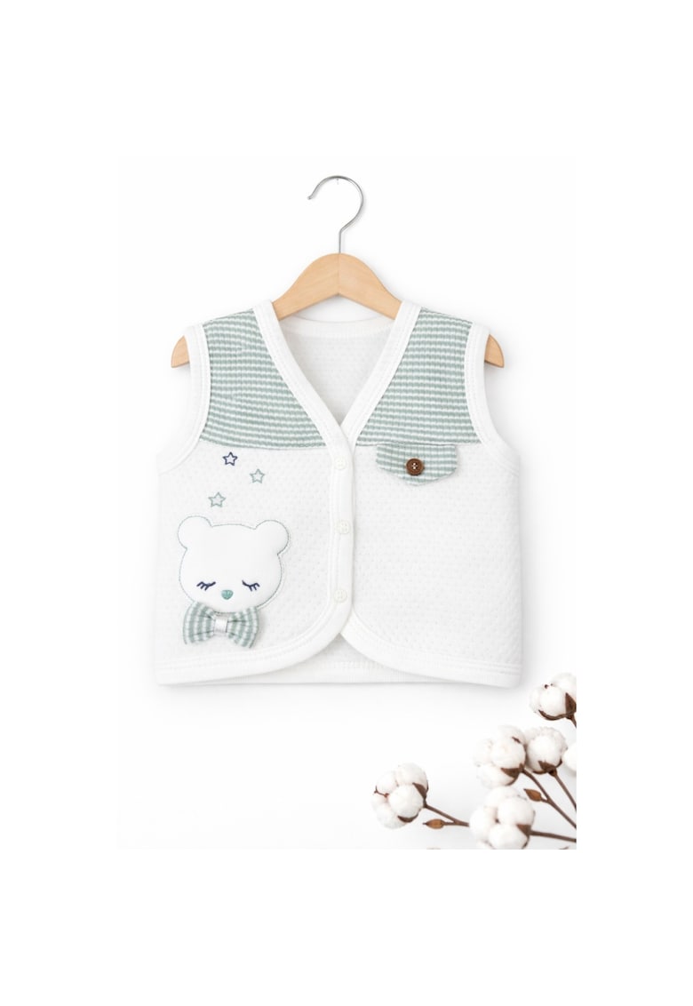 Vesta bebe bumbac alb verde ursulet brodat nou nascut