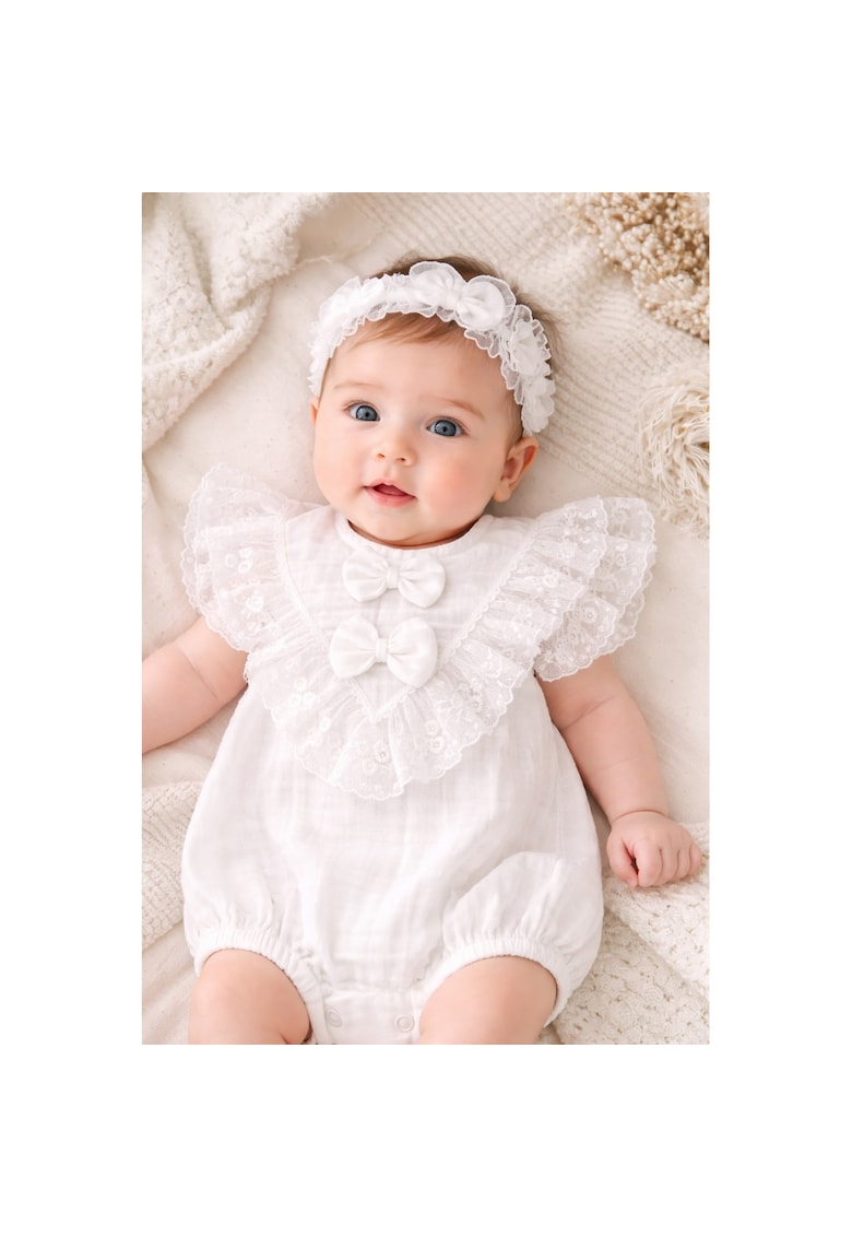 Salopeta bebe fetita muselina eleganta dantela volane bentita inclusa - Bumbac - Fete - Alb