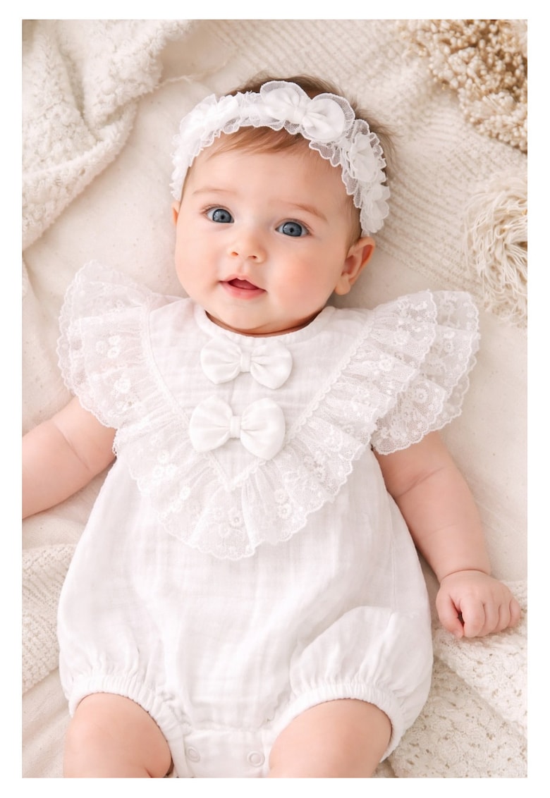 Salopeta bebe fetita muselina eleganta dantela volane bentita inclusa - Bumbac - Fete - Alb