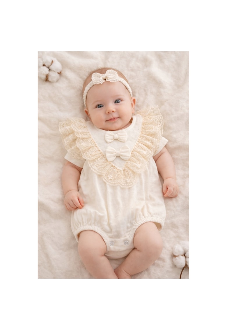 Salopeta bebe fetita muselina ivoire eleganta dantela fluturas bentita inclusa