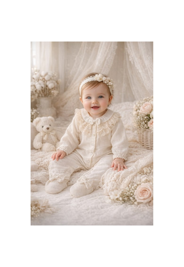 Salopeta bebe fetita muselina ivoire eleganta dantela volane bentita inclusa