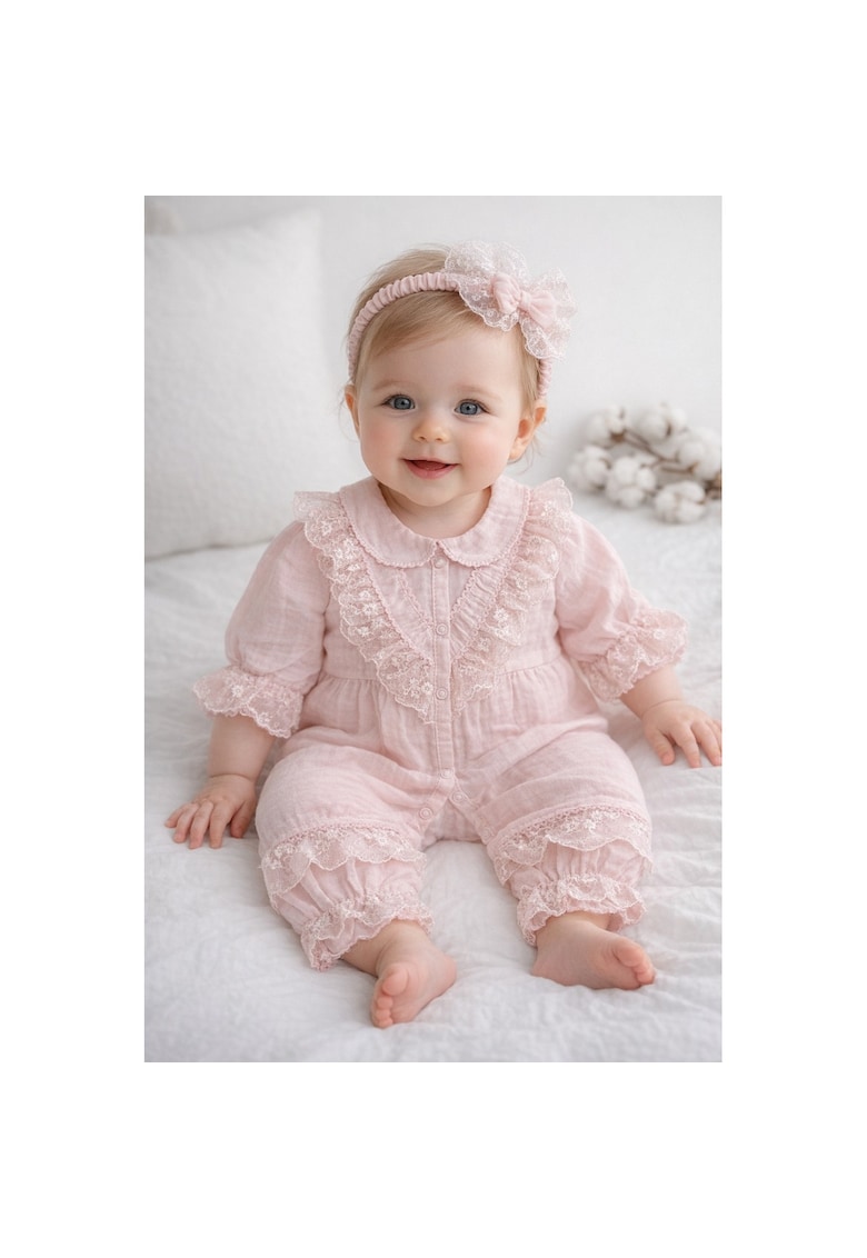 Salopeta bebe fetita muselina roz eleganta dantela botez bentita inclusa