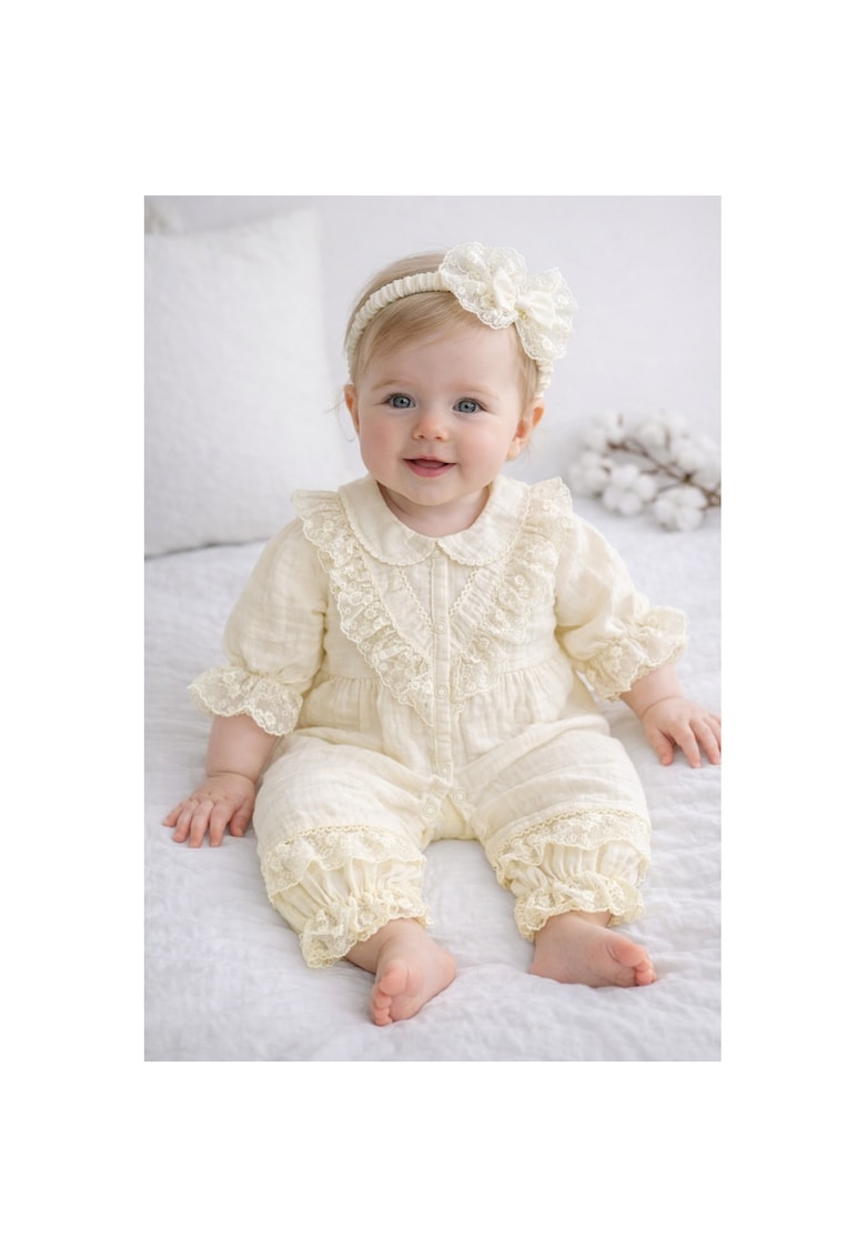 Salopeta bebe fetita muselina ivoire dantela eleganta set cu bentita