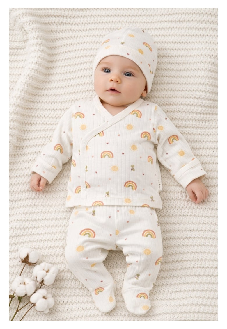 Set nou nascut 3 piese bumbac crem curcubeu body pantaloni caciulita unisex - 0-3 luni - Bumbac - Unisex