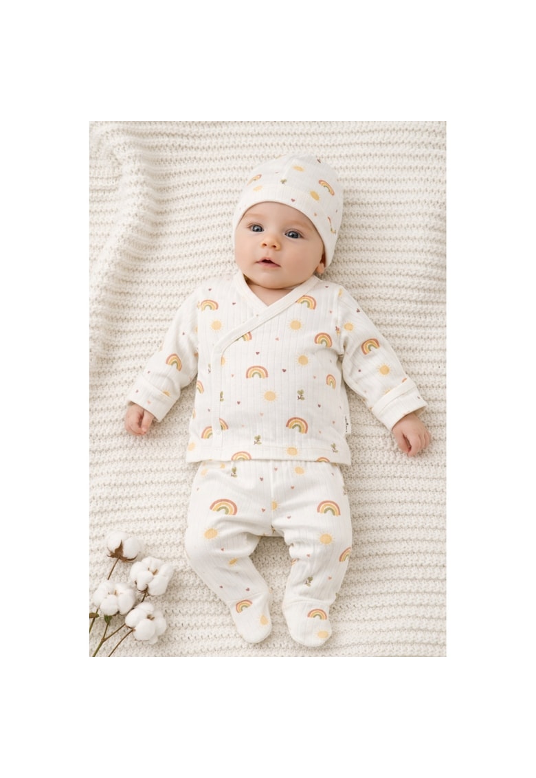 Set nou nascut 3 piese bumbac crem curcubeu body pantaloni caciulita unisex - 0-3 luni - Bumbac - Unisex