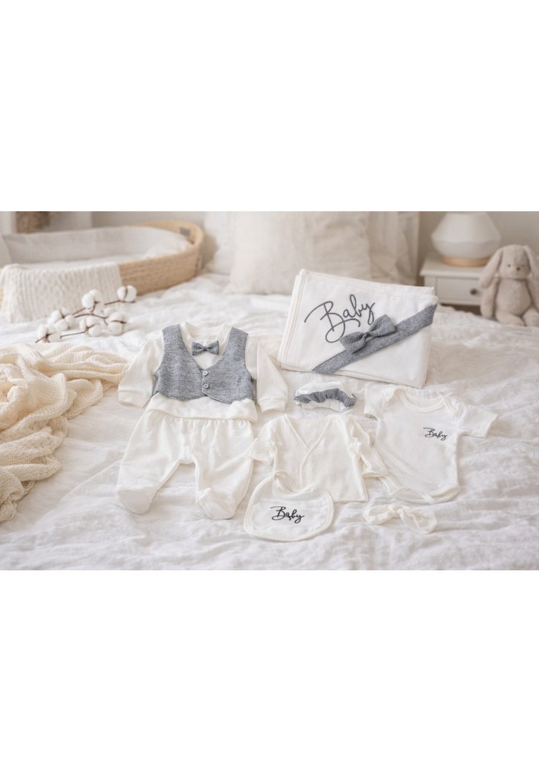 Set bebe 10 piese elegant gri vesta papion body pantaloni nou nascut - 0-3 luni - Bumbac - Baieti