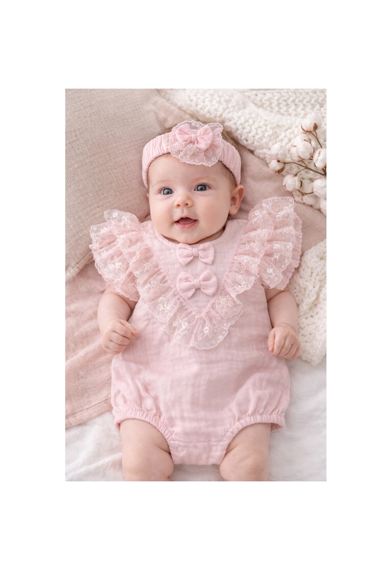 Salopeta bebe fetita muselina eleganta dantela volane bentita inclusa - Bumbac - Fete - Roz
