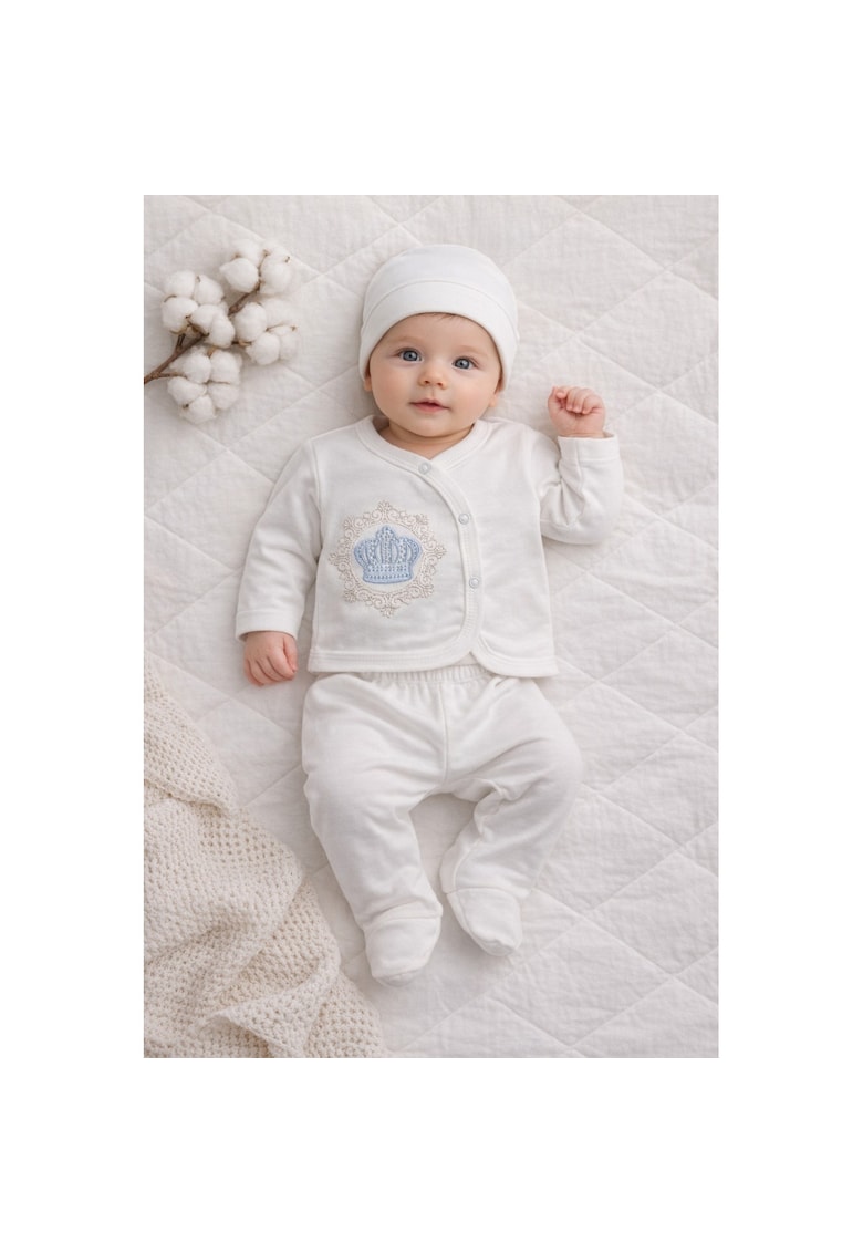 Set nou nascut 3 piese bumbac alb cu coronita albastra body pantaloni caciulita - 0-3 luni - Bumbac - Baieti