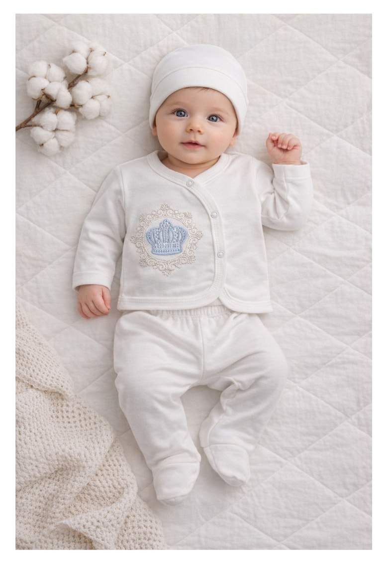 Set nou nascut 3 piese bumbac alb cu coronita albastra body pantaloni caciulita - 0-3 luni - Bumbac - Baieti