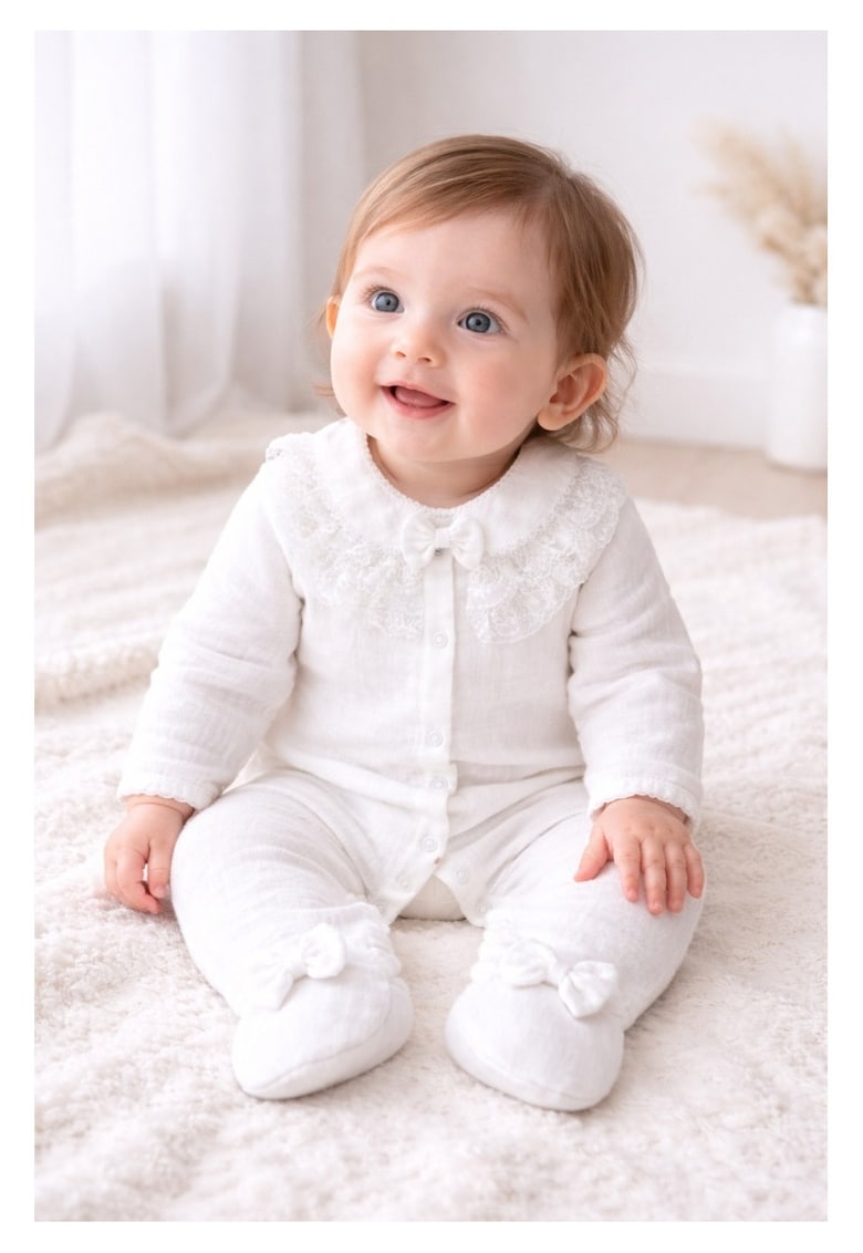 Salopeta bebe fetita muselina alba eleganta guler dantela botez bentita inclusa