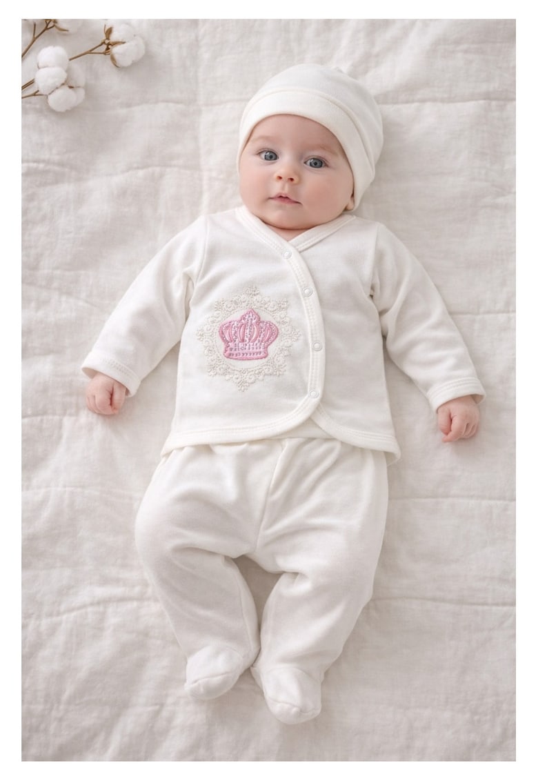 Set nou nascut 3 piese bumbac alb cu coronita roz body pantaloni caciulita - 0-3 luni - Bumbac - Fete
