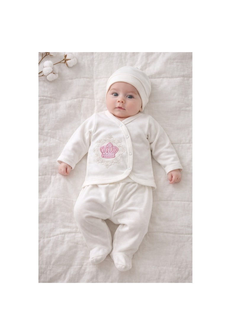 Set nou nascut 3 piese bumbac alb cu coronita roz body pantaloni caciulita - 0-3 luni - Bumbac - Fete