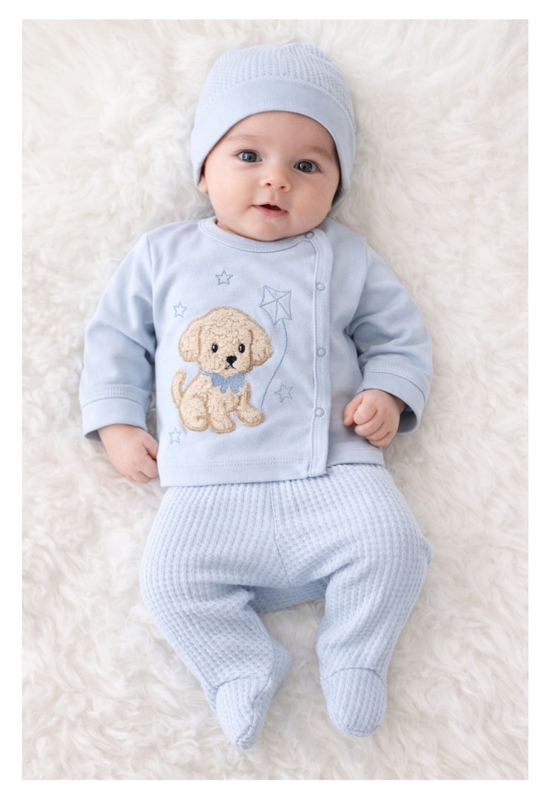 Set bebe baiat 3 piese catelus bluza pantaloni si caciulita bleu - 0-3 luni - Bumbac - Baieti