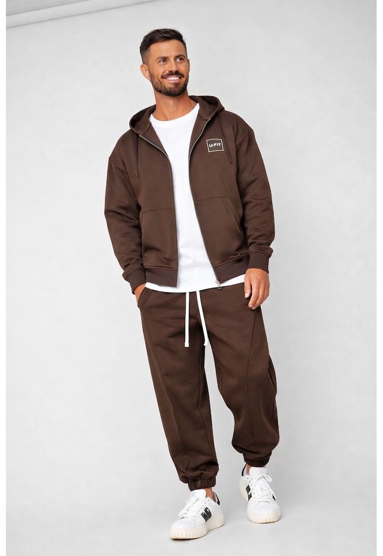 Set Oversized Hanorac cu fermoar si pantalon Baggy din 100% Bumbac - 400gr/mp Premium Edition Brown 20907 - Maro