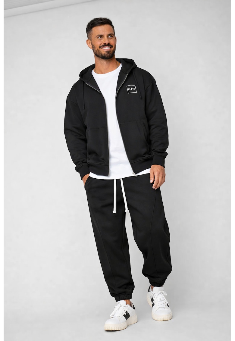 Set Oversized Hanorac cu fermoar si pantalon Baggy din 100% Bumbac - 400gr/mp Premium Edition Brown 20907 - Negru