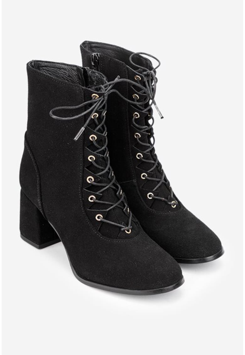 Botine dama negre din piele intoarsa cu toc