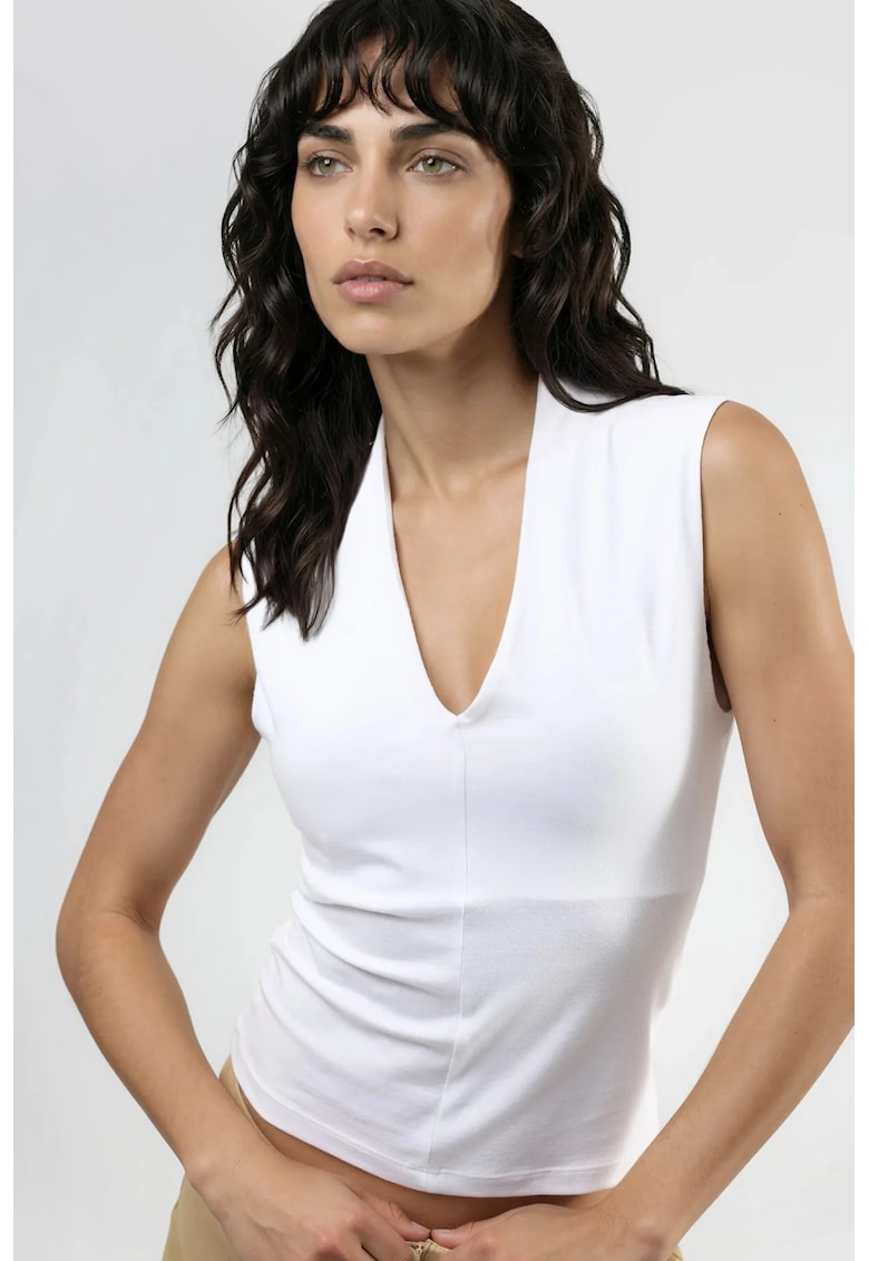 Top dama - Decolteu in V - Alb - Textil