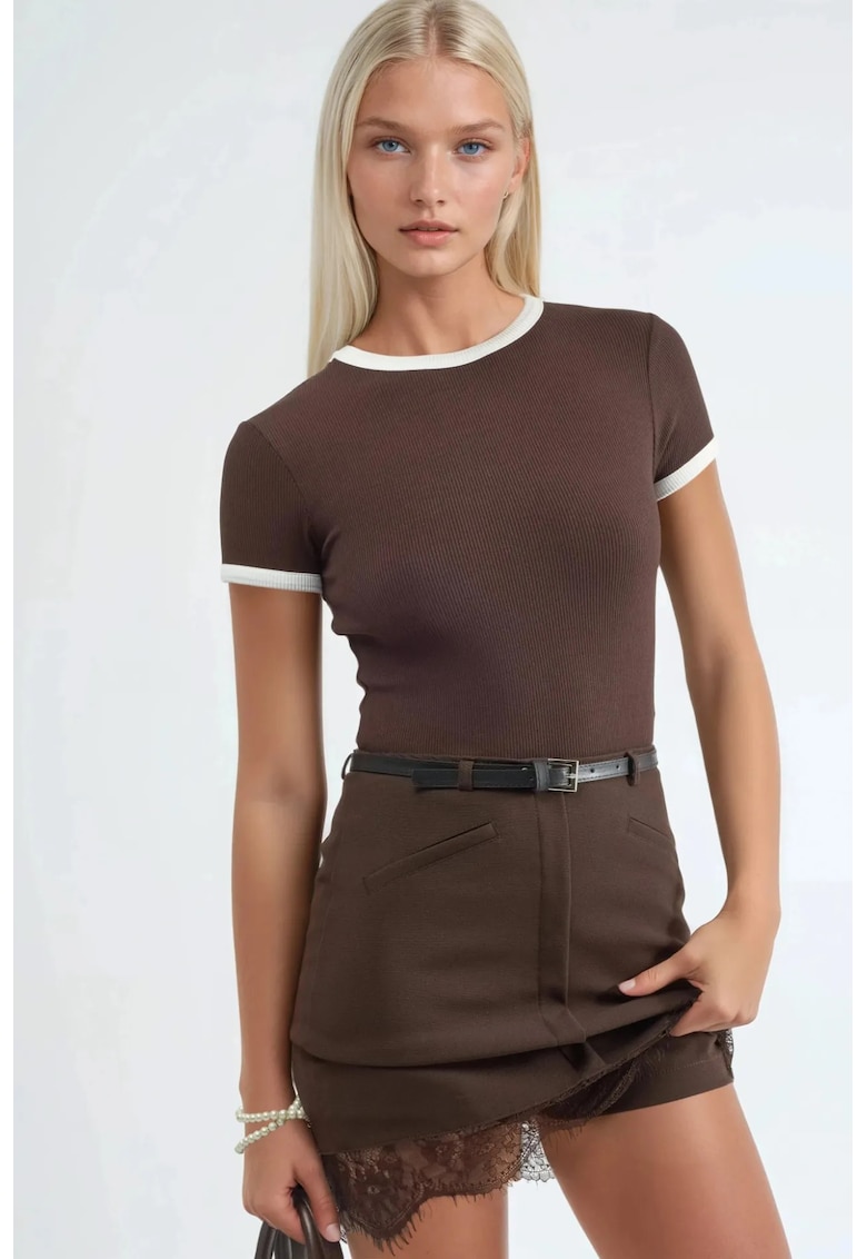 Fusta mini bodycon dantela - talie inalta - maro - poliester