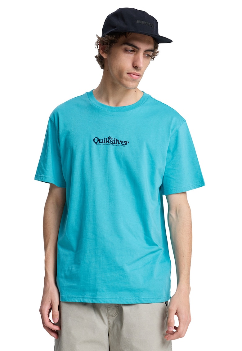 Tricou cu imprimeu logo si decolteu la baza gatului Fineline - Albastru aquamarin