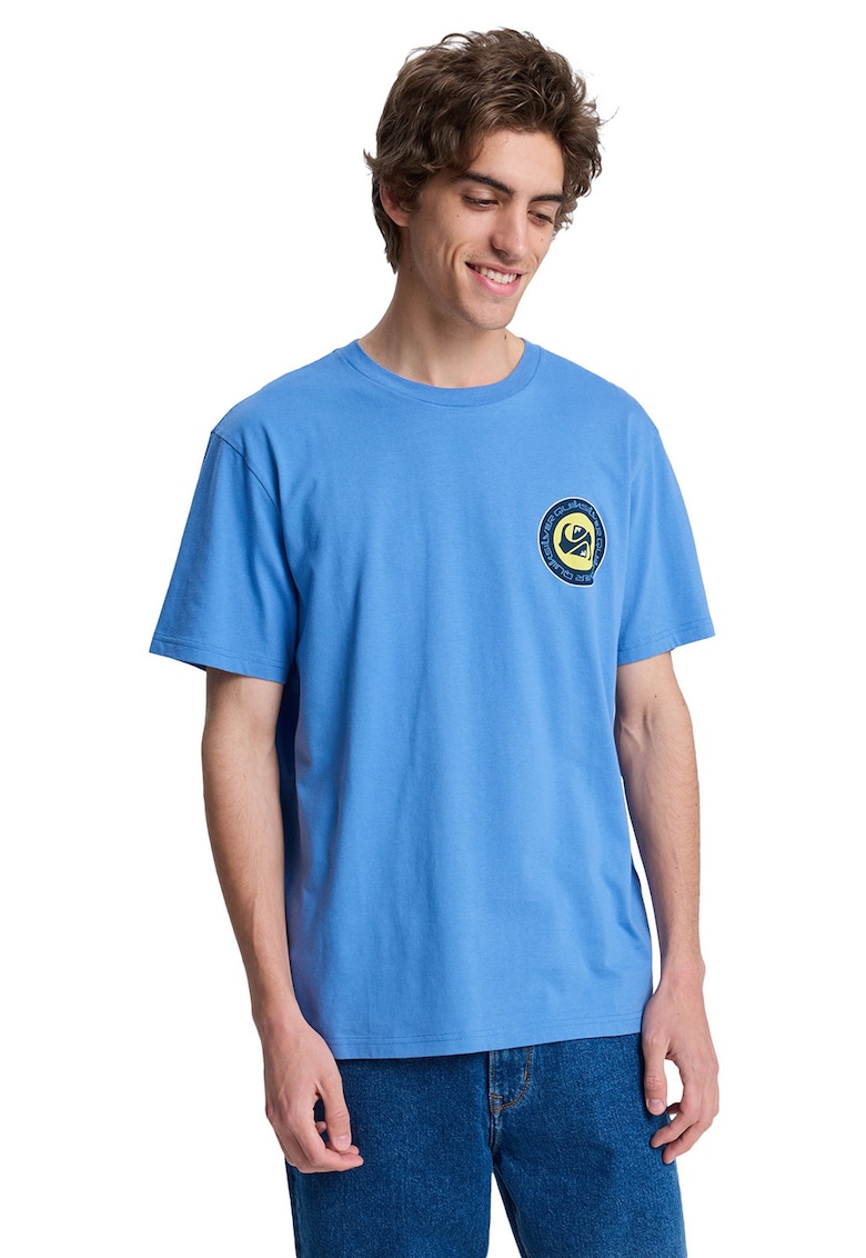 Tricou cu imprimeu si decolteu la baza gatului - Galben/Albastru glaciar